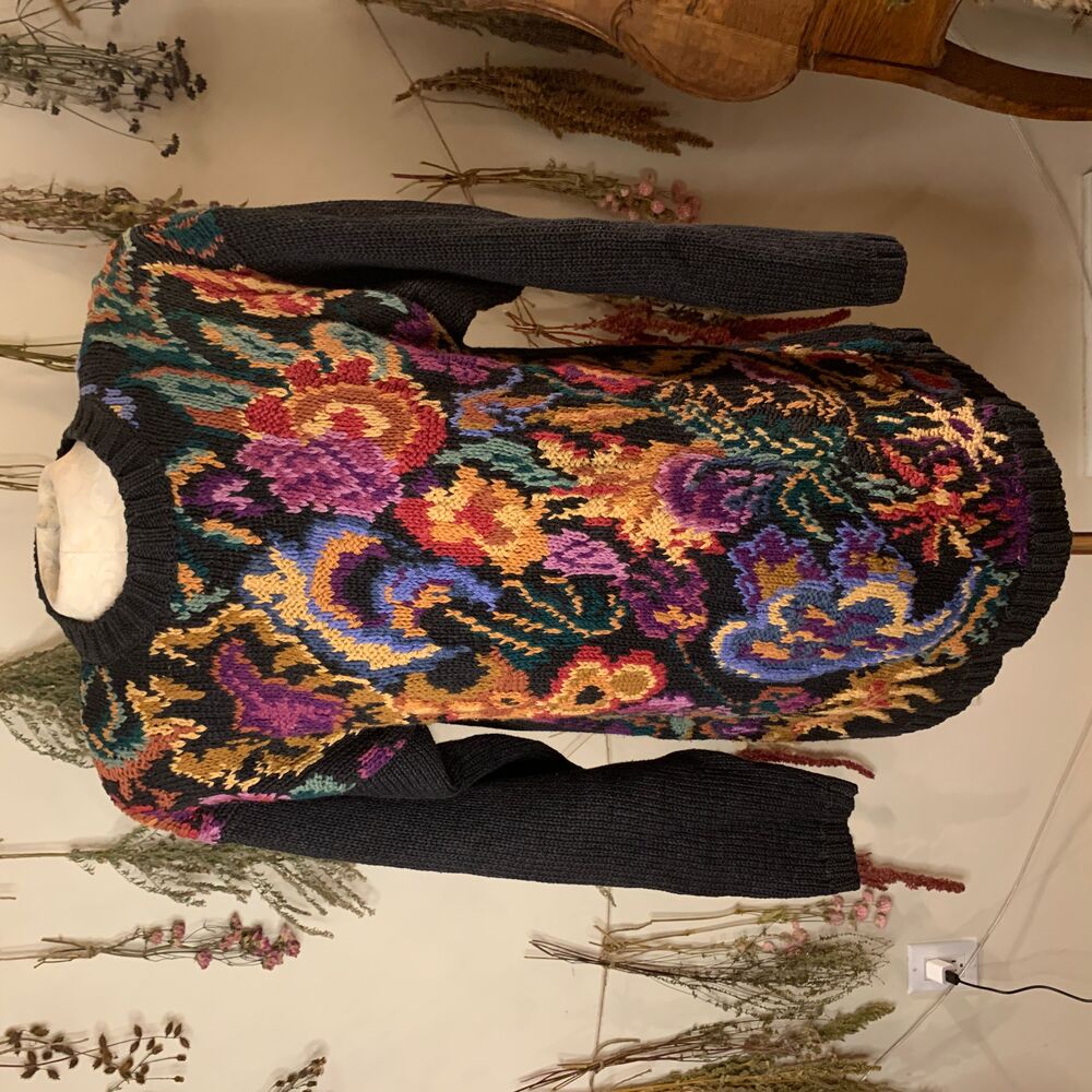 Rachel Max Dark Floral Crew Neck Sweater Medium Vintage 80s Hand Knit